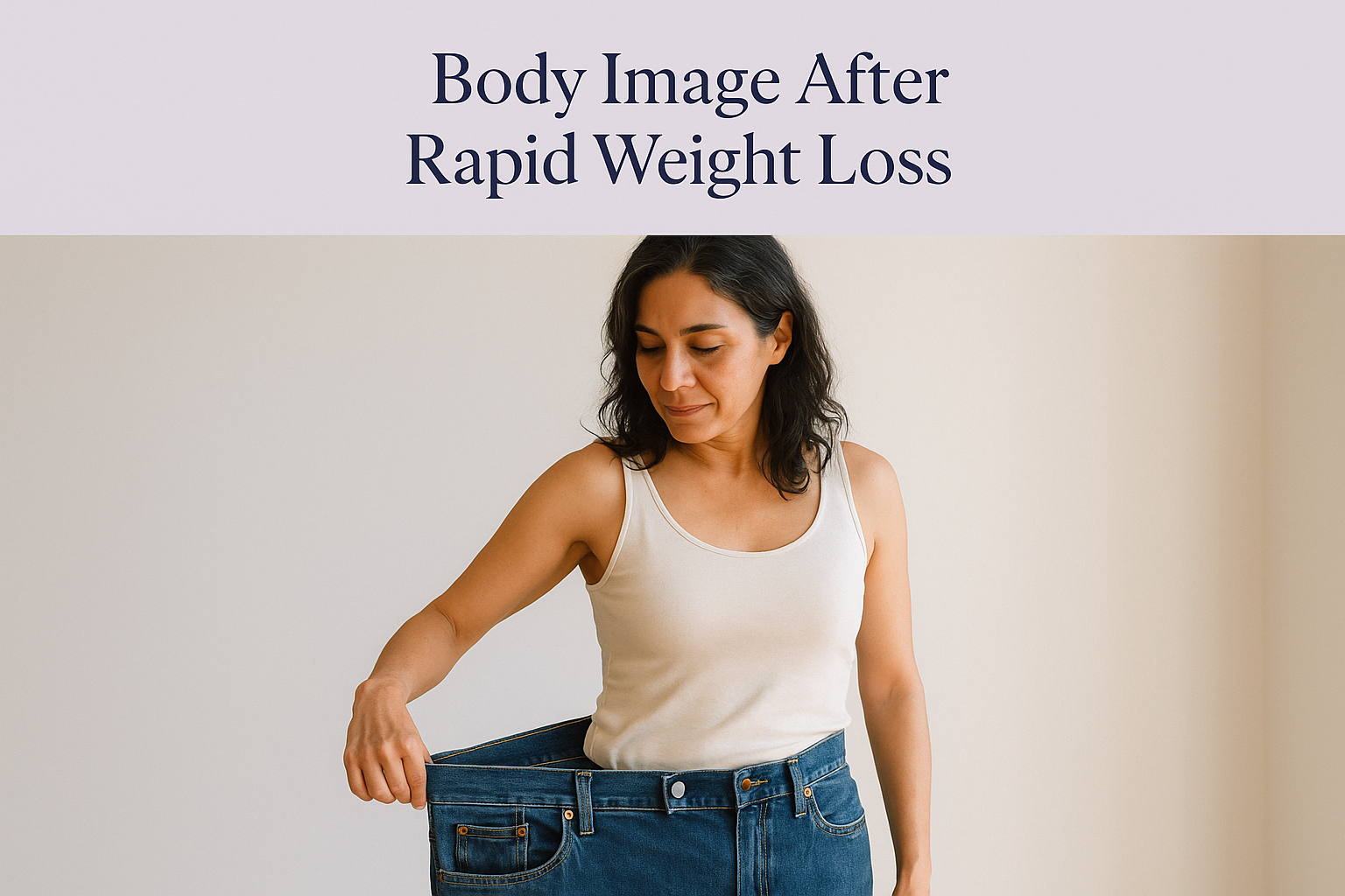 Hero card titled 'Body Image After Rapid Weight Loss' above a photo of a woman holding out the loose waistband of oversized jeans