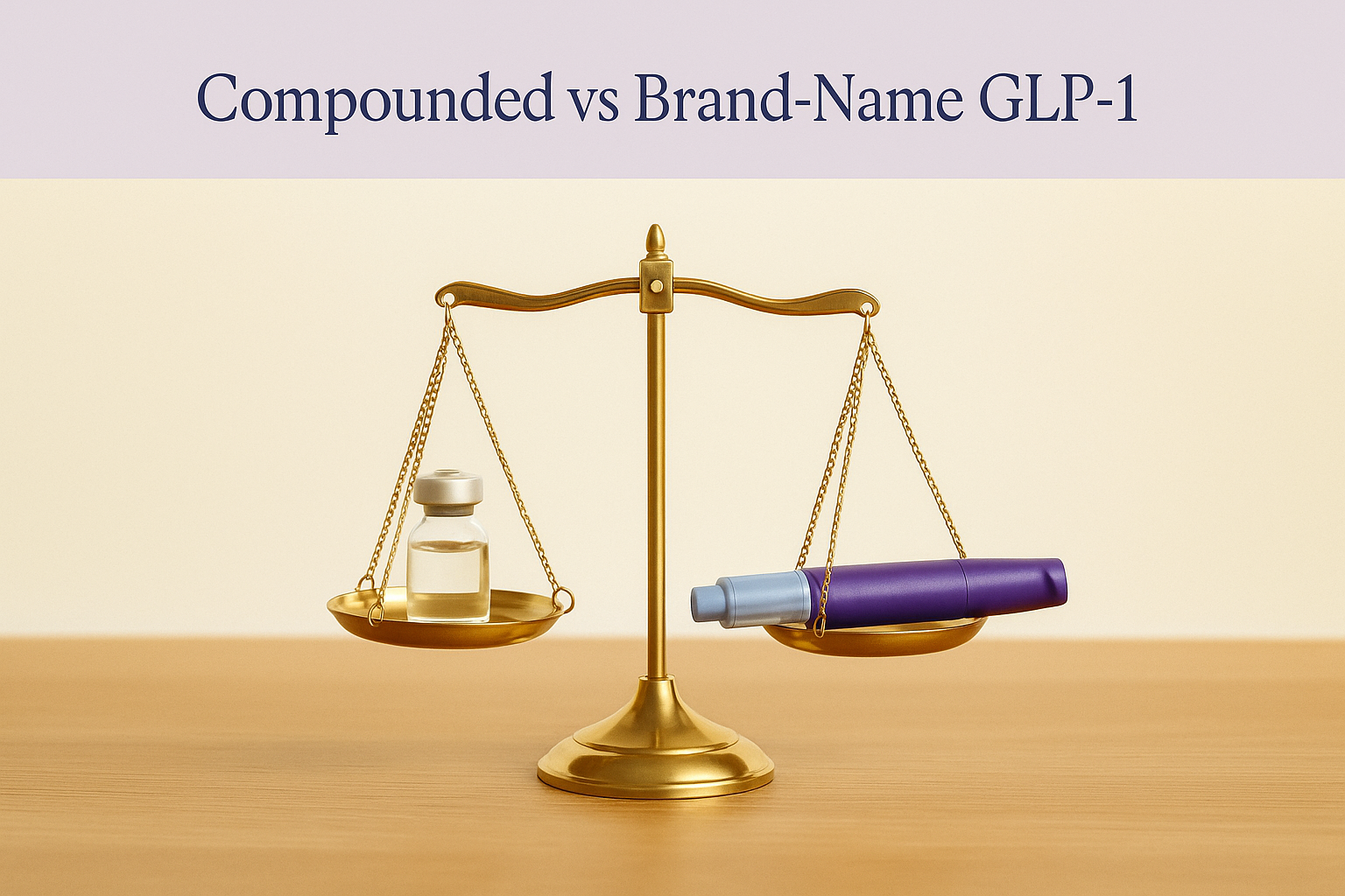Hero card titled 'Compounded vs Brand-Name GLP-1' above a photo of a balance scale weighing a medicine vial and an injection pen