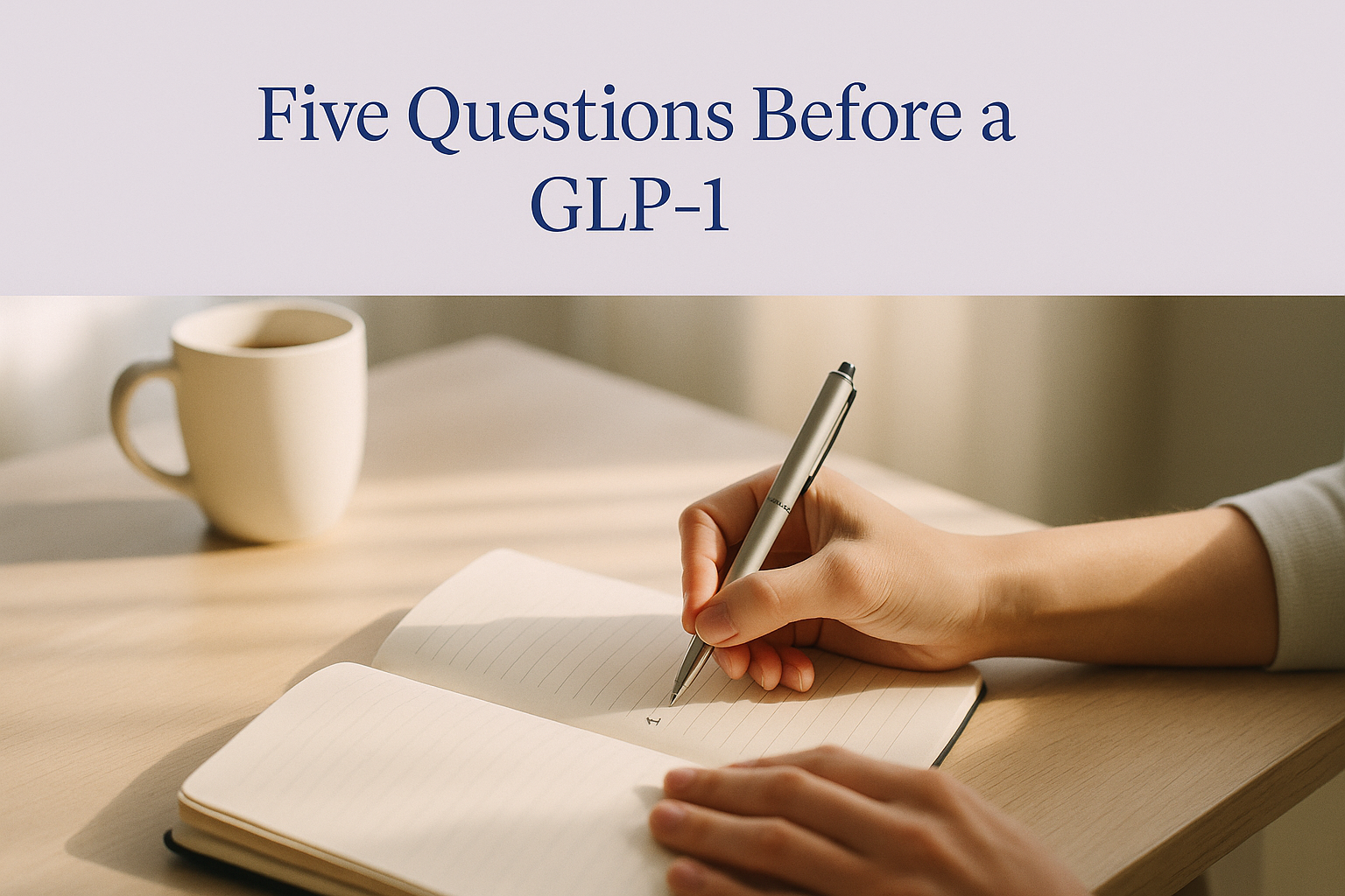 Tarjeta de portada titulada 'Five Questions Before a GLP-1' sobre una foto de una mano escribiendo preguntas en un cuaderno