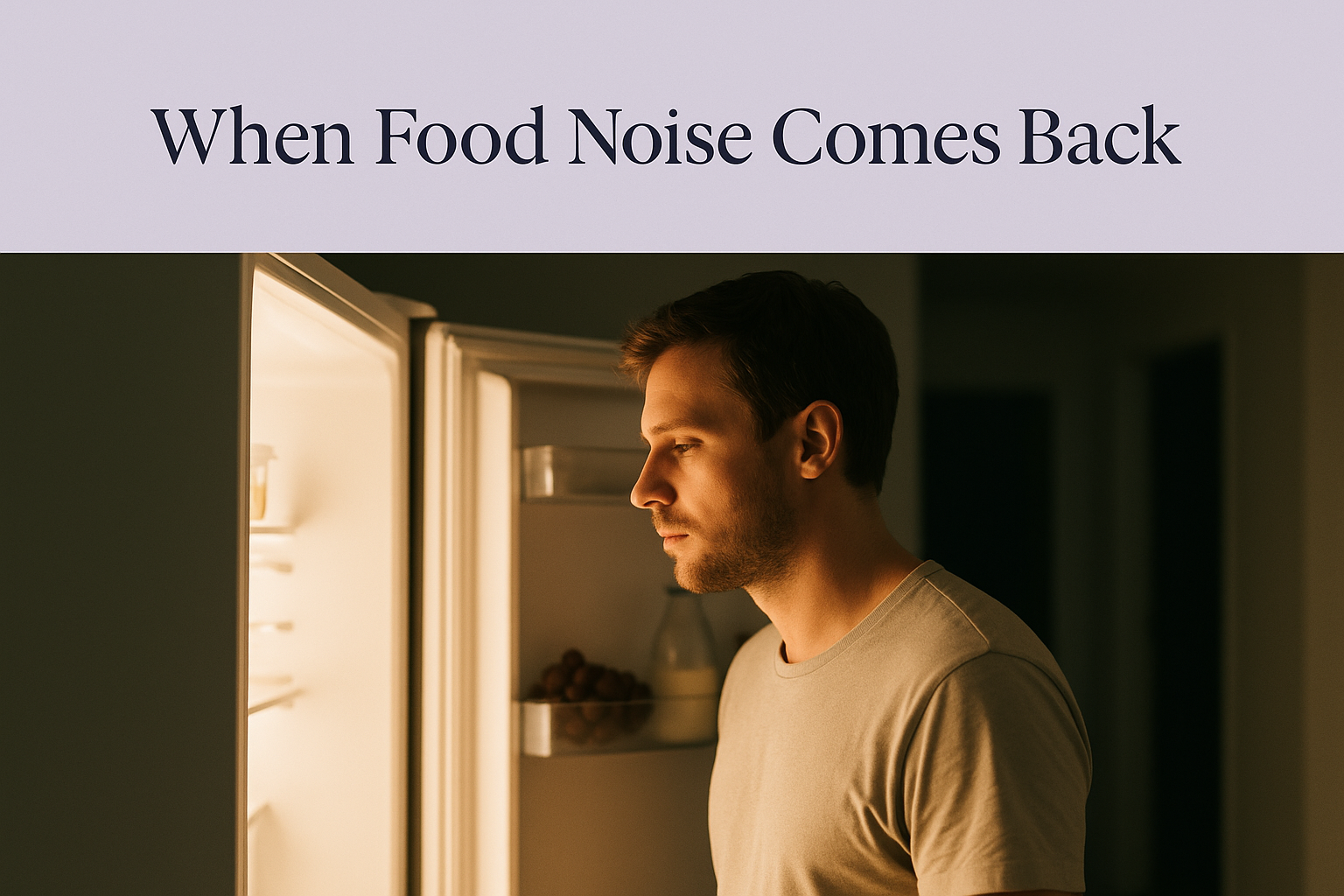 Tarjeta de portada titulada 'When Food Noise Comes Back' sobre una foto de un hombre de pie frente a un refrigerador abierto por la noche
