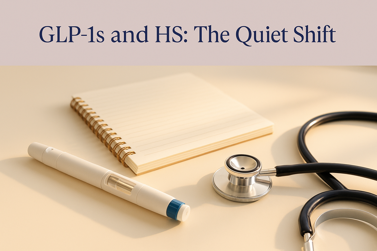 Tarjeta de portada titulada 'GLP-1s and HS: The Quiet Shift' sobre una foto de una pluma GLP-1, un cuaderno y un estetoscopio en un escritorio
