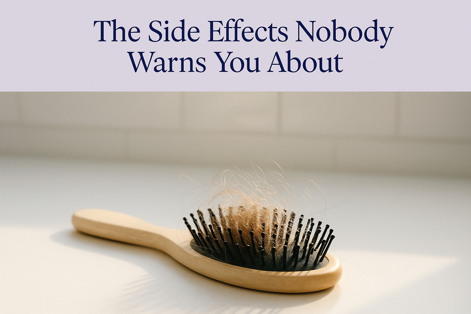 Hero card titled 'The Side Effects Nobody Warns You About' above a photo of a hairbrush holding loose shed hair