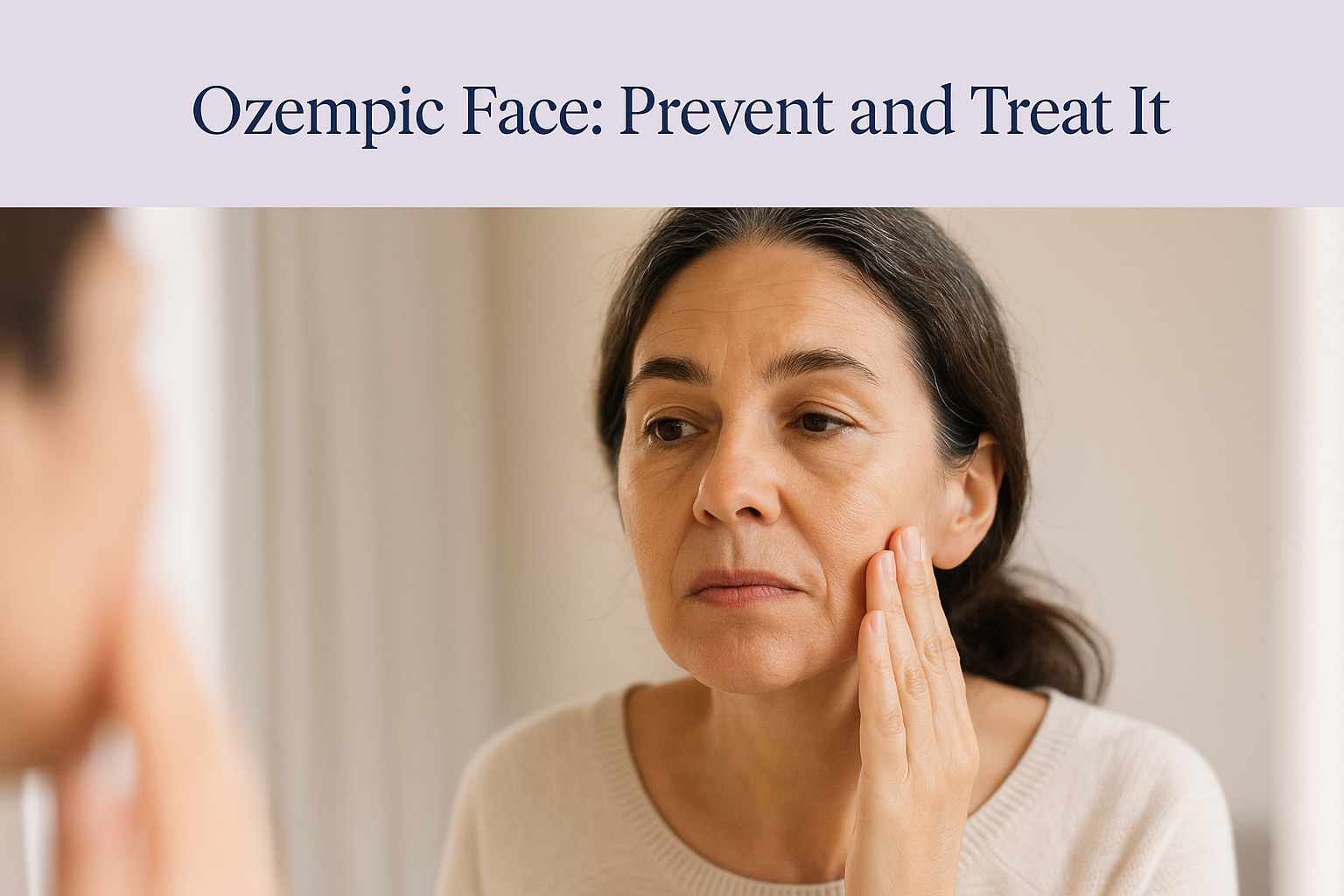 Hero card titled 'Ozempic Face: Prevent and Treat It' above a photo of a woman gently touching her cheek while looking in a mirror