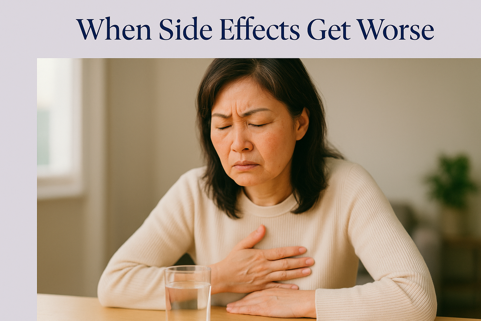 Hero card titled 'When Side Effects Get Worse' above a photo of a woman at a table looking nauseous with a hand on her chest and a glass of water