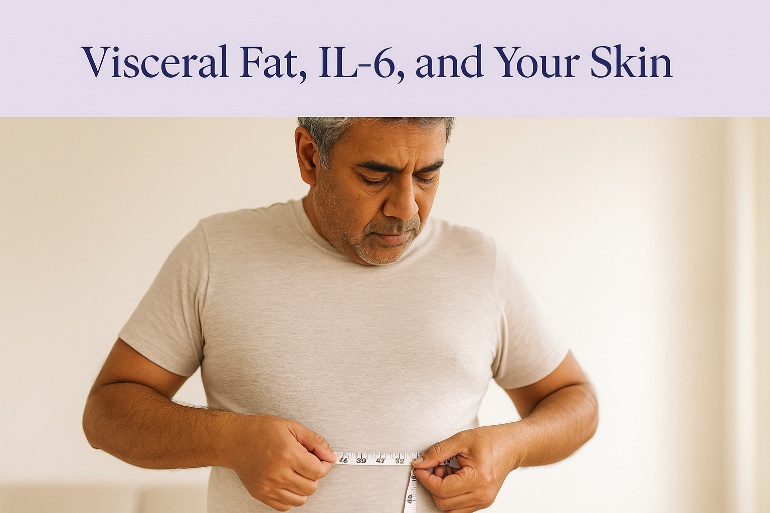 Hero card titled 'Visceral Fat, IL-6, and Your Skin' above a photo of a man measuring his waist with a tape measure