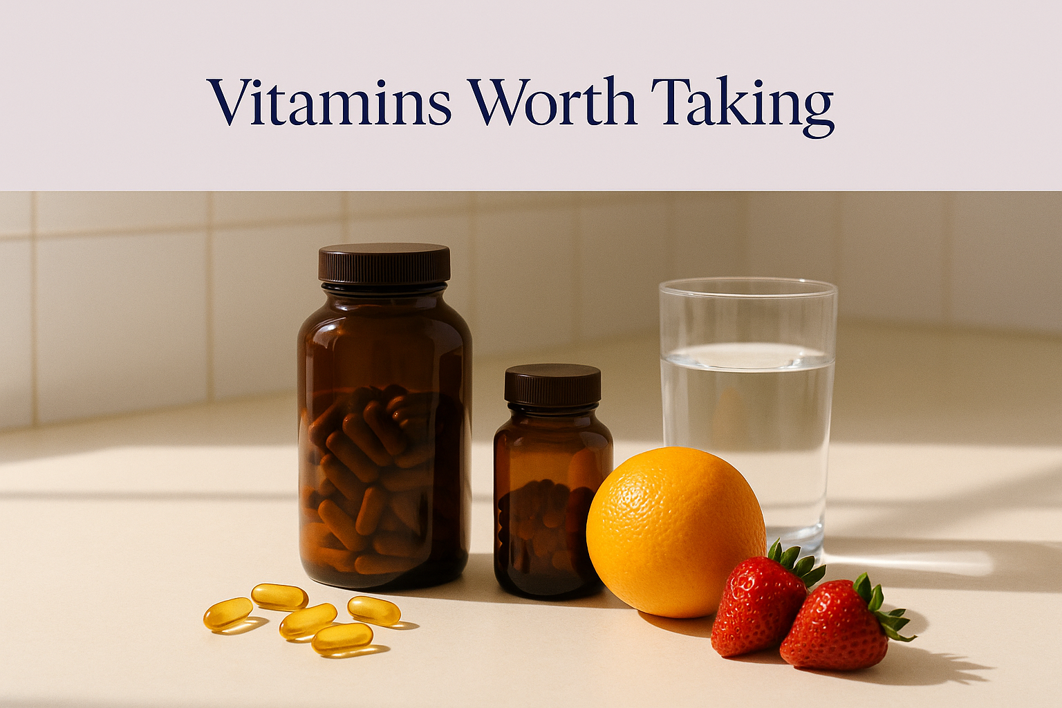 Hero card titled 'Vitamins Worth Taking' above a photo of supplement bottles with fresh fruit and a glass of water