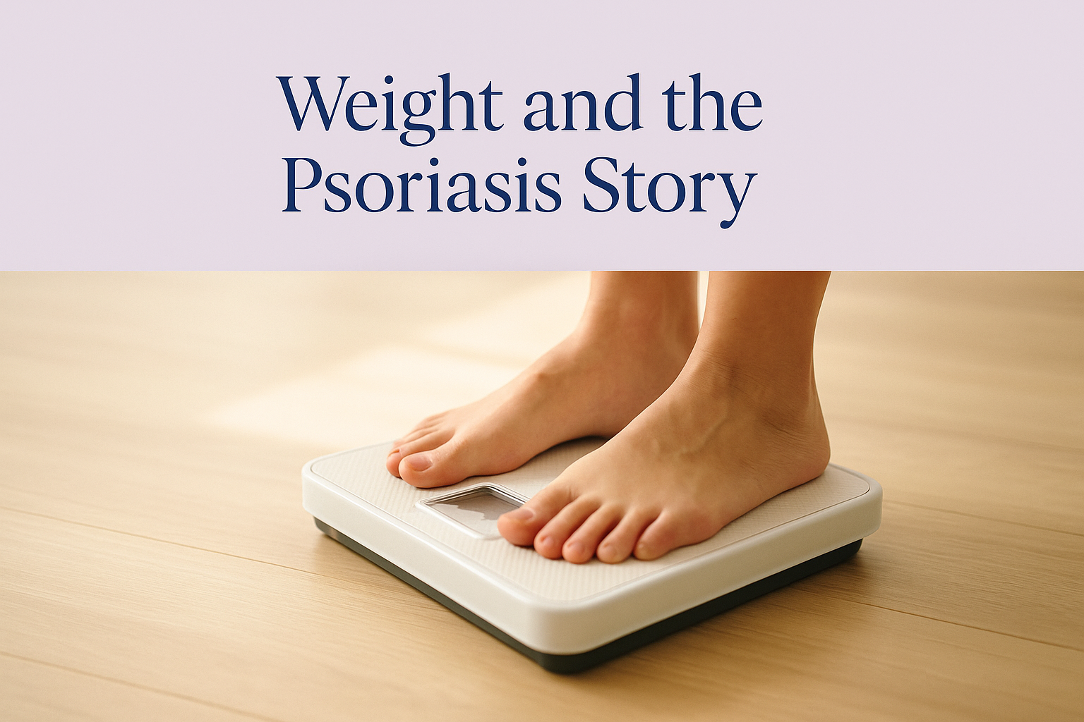 Tarjeta de portada titulada 'Weight and the Psoriasis Story' sobre una foto de pies descalzos sobre una báscula